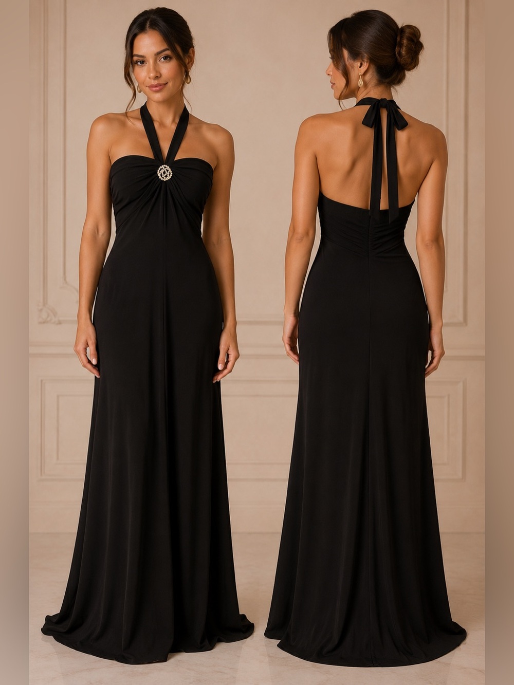 Betsy & Adam Black Halter Rhinestone Brooch Jersey Formal Maxi Prom Gown 14
